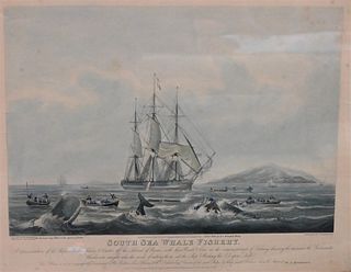 Two 19th Century Nautical Hand Colored Engravings, to include "South Sea Whale Fishery" engraved by Tr. Sutherland, 17 1/2" x 22 1/2"; along with "The