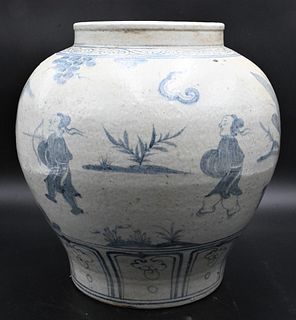 Large Chinese or Korean Blue and White Planter, having painted figures, height 15 inches, diameter 8 inches.