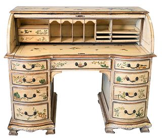 Chinoiserie Decorated Cylinder Roll Top Desk, on double pedestal desk, height 43 inches, width 51 inches, depth 27 inches.