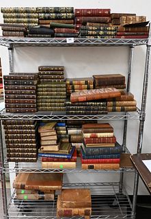 Large Group of Leather Bound Books, some sets, topics include Irish Tales, Mysteries of Paris, Master Humphrey's Clock, along with 17th, 18th and 19th