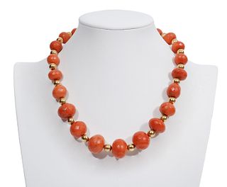Natural Salmon Coral & 18K YG Bead Necklace