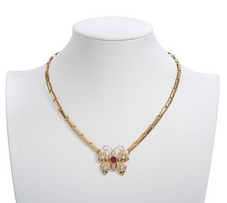 18K YG Diamond & Ruby Butterfly Italian Necklace