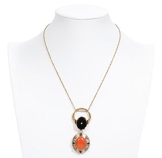 18K YG Coral, Onyx, Diamond & Sapphire Necklace