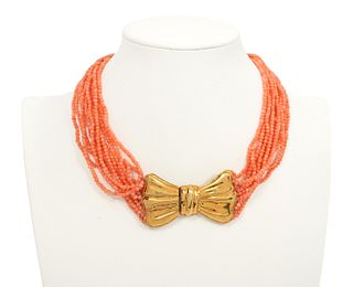 18K YG & Salmon Coral Bead 12 Strand Necklace