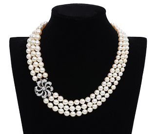 Diamond, Pearl & 18K WG Necklace
