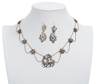 Victorian Diamond & 10K YG Necklace & Earring Set