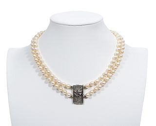 Vintage 18K WG & Diamond Pearl Necklace
