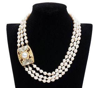 18K YG Mabe Pearl & Triple Strand Pearl Necklace