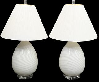 Pr. White Vetri Murano 'Egg' Table Lamps