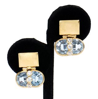 Pr. 18K YG Diamond & Blue Topaz Earrings