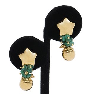 Pr. Italian 18K YG & Emerald Bead Earrings