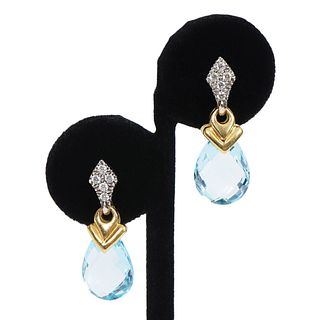 Pr. 18K YG, WG, Diamond & Blue Topaz Earrings