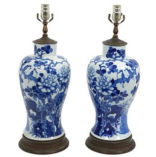 Pr. Chinese Blue & White Porcelain Table Lamps