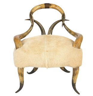 Horn Chair with Cream Colored Fur Seat