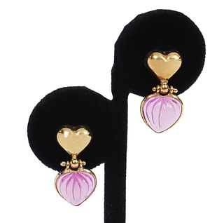 Pr. 18K YG Carved Pink Tourmaline Earrings