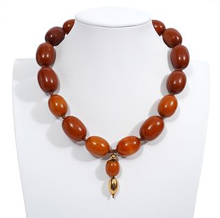 Vintage Natural Amber & 18K YG Bead Necklace
