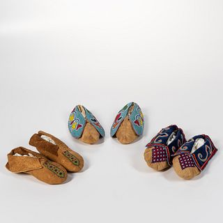 Three Pair of Prairie Beaded Cloth and Hide Moccasins