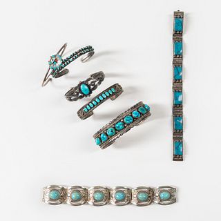 Seven Silver and Turquoise Bracelets