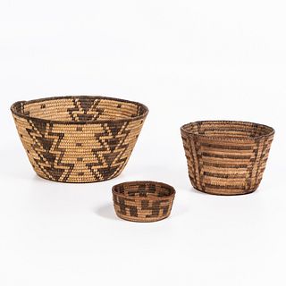 Three Pima Coiled Basketry Bowls