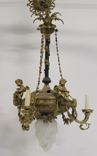 Gilt Bronze Chandelier with Lalique Style Glass