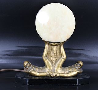 Art Deco Gilt Metal Figural Lamp With Onyx Shade.