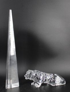 Baccarat Glass Obelisk & Glass Lion.
