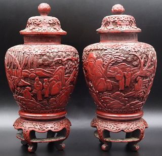 Pair of 18th C Chinese Cinnabar Lidded Urns on