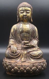 Gilt Metal Seated Buddha on Lotus Base.