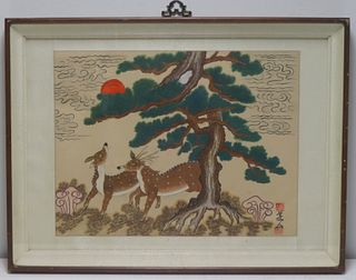 Signed Asian Painting of Two Deer.