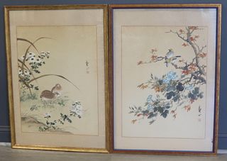 (2) Signed Asian Watercolors of Birds and Flowers.
