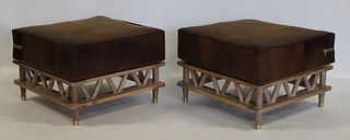 A  Pr Of Blonde Wood Ottomans With Leather.