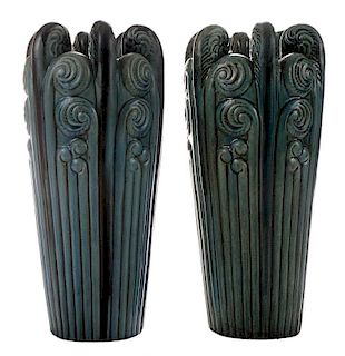 Pair Art Pottery Vases Molded as