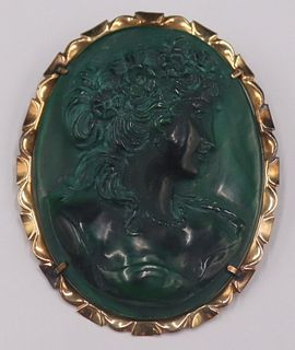 JEWELRY. 14kt Gold and Carved Malachite Cameo.