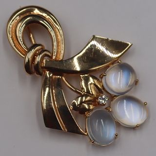 JEWELRY. 14kt Gold, Moonstone, and Diamond Brooch.