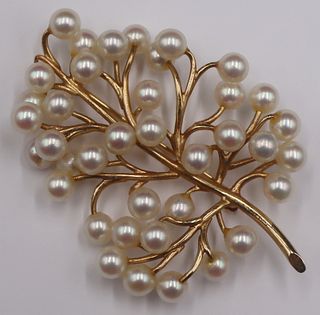 JEWELRY. 14kt Gold and Pearl Tree Form Brooch.