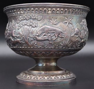 SILVER. Indian Repousse Silver Pedestal Bowl.