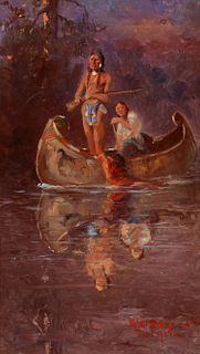 Edgar S. Paxson (1852–1919) — Indians in a Canoe (1911)