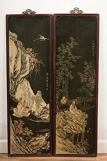 Pair Chinese Carved Painted Wood Wall Panels