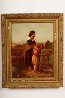 19th C Oil on Canvas Woman Child at Well