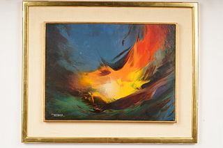 Merman Signed Abstract Oil Board "Volcano"