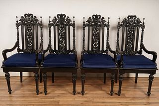 Set of 4 Italian Ren. Style Ebonized Arm Chairs