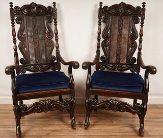 Pair Italian Renaissance style carved arm chairs