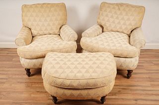 Pair of upholstered Club Chairs with Ottoman