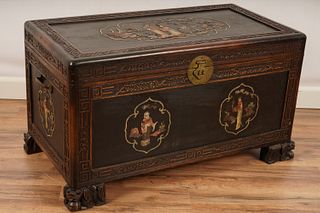 Carved Chinese Lacquered Chest Stone Inlay