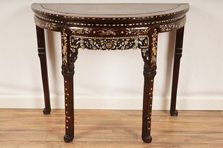 Chinese Carved MOP Inlay Demilune Sidetable
