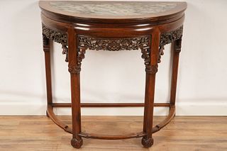 Chinese Carved Marble Inset Demilune Sidetable