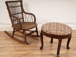 Upholstered Footstool and Child's Rocker