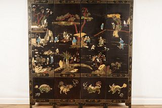 4 Panel Chinese Lacquered Stone Inset Floor Screen