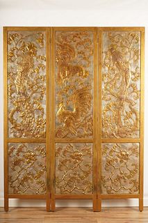 Carved Silver Gilt Wood 3 Panel Screen