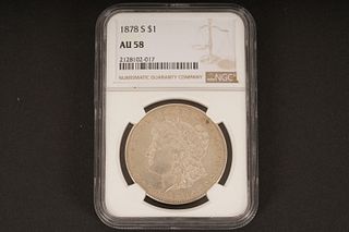 1878 S $1. AU 58. Graded by NGC in sealed coin